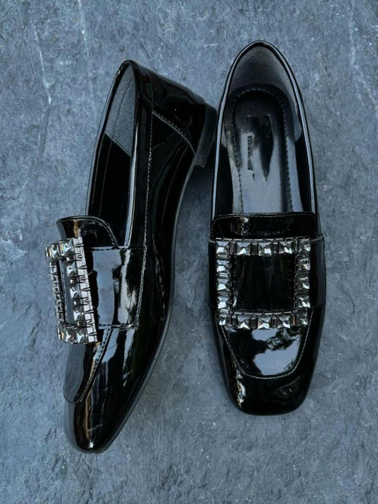 Elegant Black Square Rhinestone Loafers