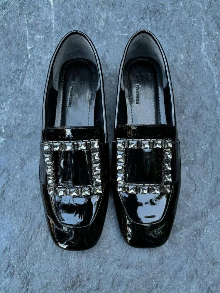 Elegant Black Square Rhinestone Loafers