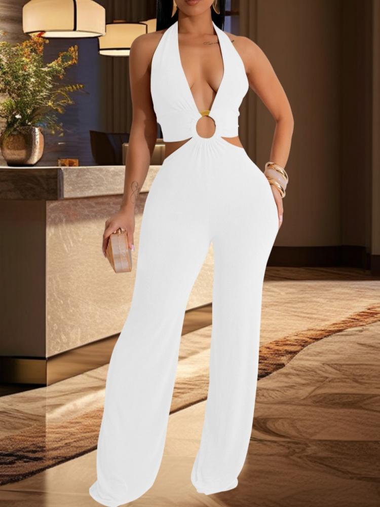 Solid color V-neck stylish jumpsuit