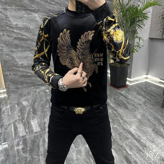 Gold Velvet Hot Drilling Fashion Shoulder Elastic Crewneck Base Shirt