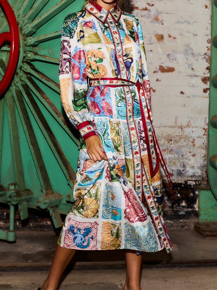 Printed Lantern Sleeve Belted Maxi Shirtdress