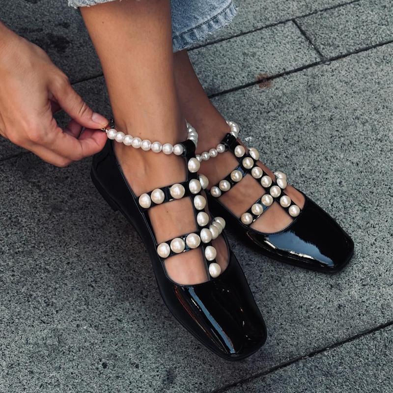 Pearl Leather Flat Pumps