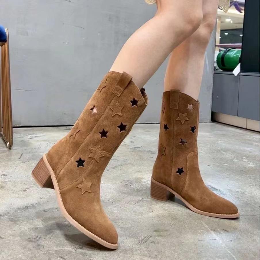 French Vintage Cutout Star-Toe Western Boots