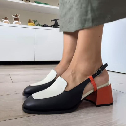 Open Tape Contrast Heeled Casual Leather Shoes