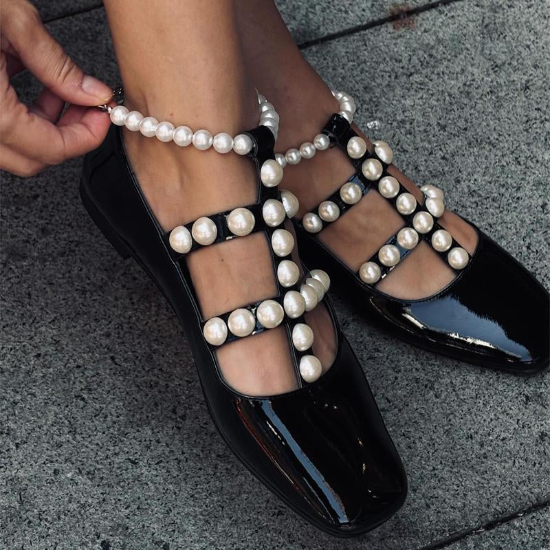 Pearl Leather Flat Pumps