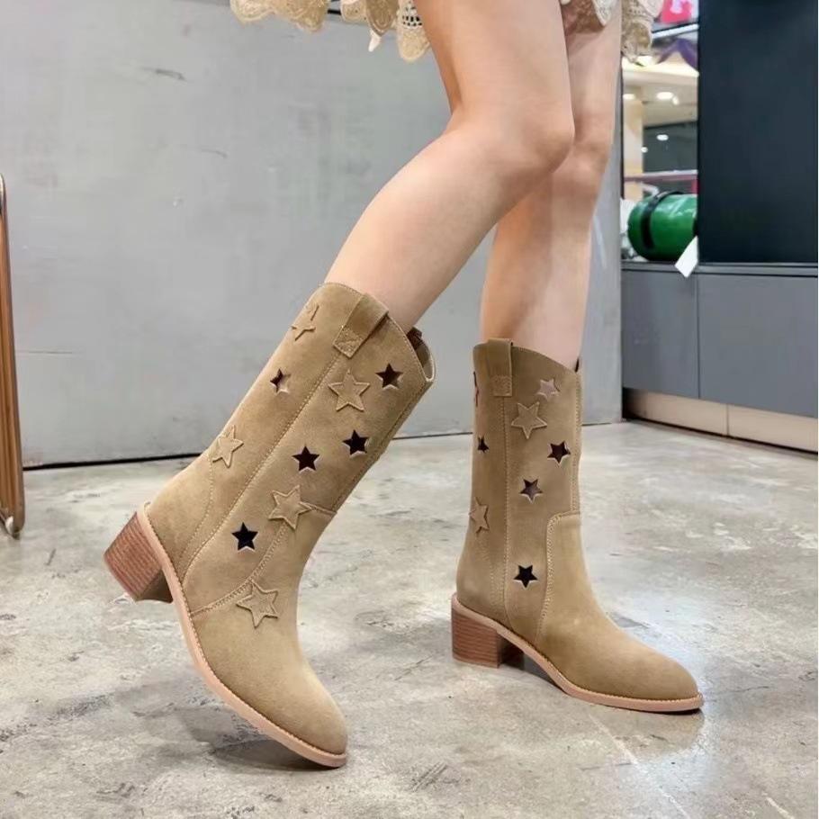 French Vintage Cutout Star-Toe Western Boots