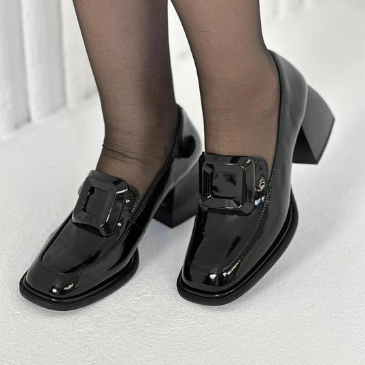 Women's Shallow Square Toe Thick Heel Patent Leather Shoes