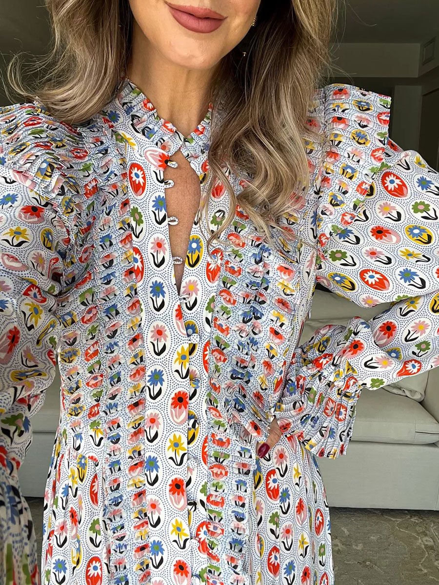 Printed Ruffe Button Up Long Sleeve Dress