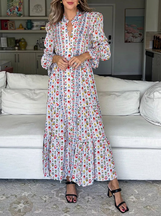 Printed Ruffe Button Up Long Sleeve Dress