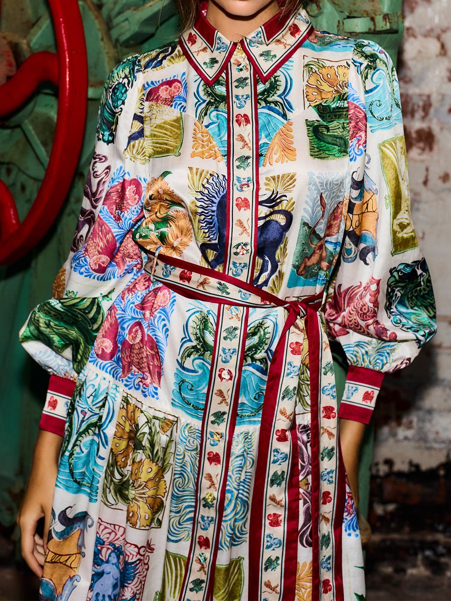 Printed Lantern Sleeve Belted Maxi Shirtdress