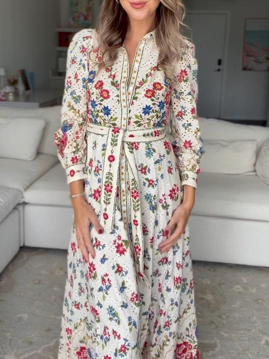 Printed Long Sleeve Turndown Collar Lace Up Dress