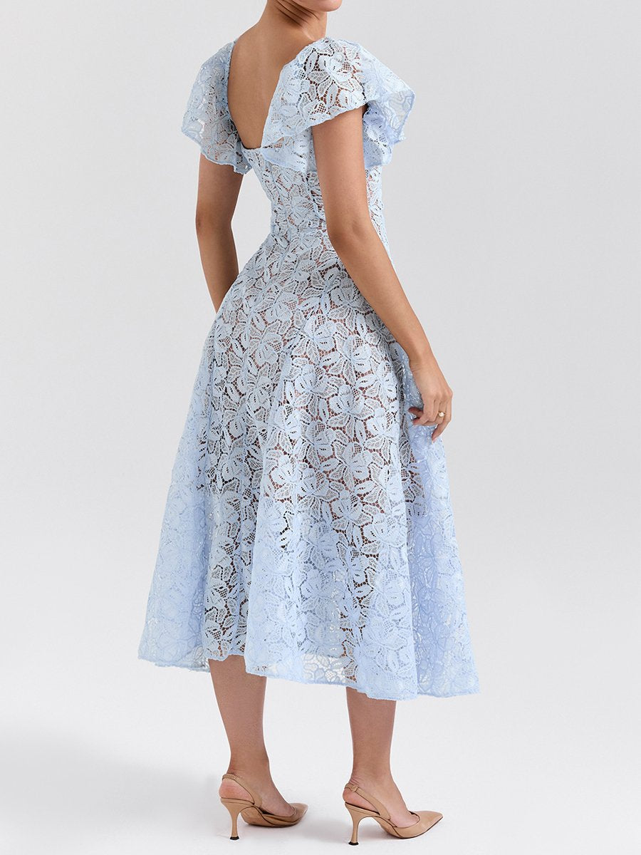 Square Collar Floral Lace Midi Dress