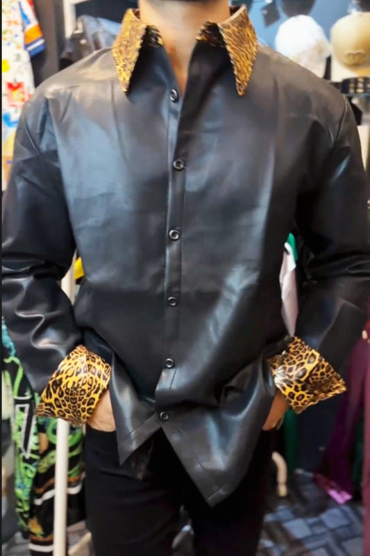 Men's Fashion Leopard Stitching Leather Jacket