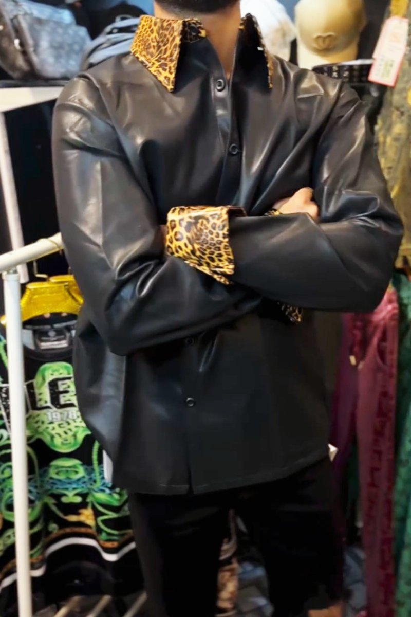 Men's Fashion Leopard Stitching Leather Jacket